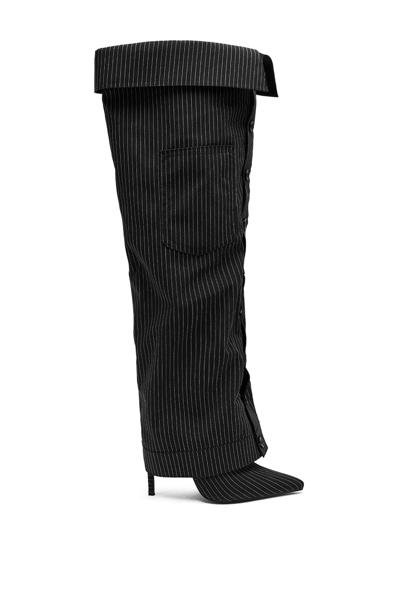 The AZALEA WANG IMRI BLACK SHIRTING STRIPED STILETTO BOOT features white vertical stripes, cuff, pocket, and button details for a bold look that mimics a pinstriped pant leg.