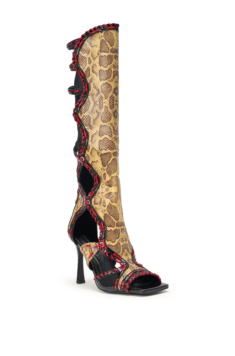 AZALEA WANG INDRANI HIGH SHAFT YELLOW SNAKE PRINT GLADIATOR SANDAL