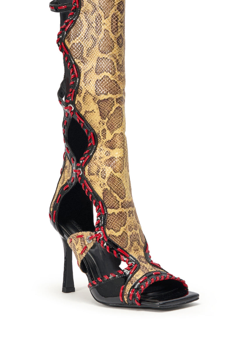 AZALEA WANG INDRANI HIGH SHAFT YELLOW SNAKE PRINT GLADIATOR SANDAL