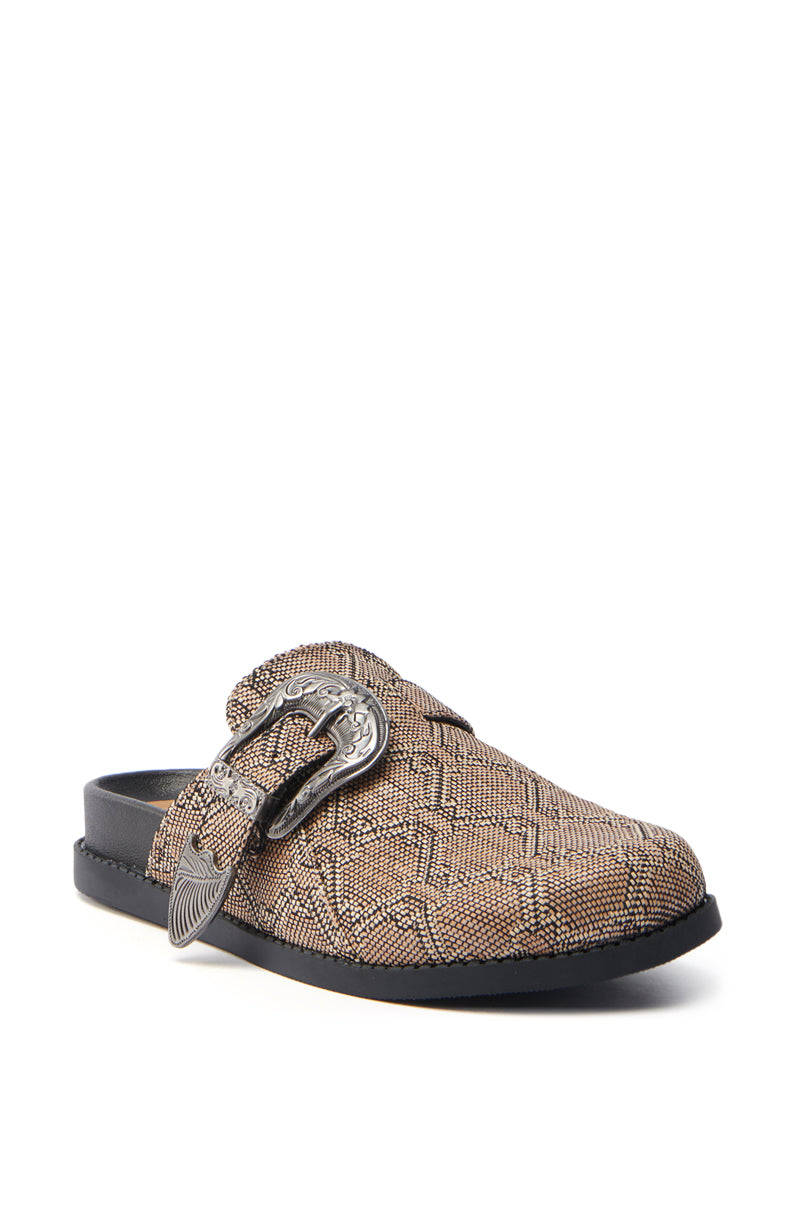 The AZALEA WANG INFORMER TAN SNAKE CLOG features a tan snakeskin pattern with brown and beige tones, complemented by a large silver side buckle. It boasts a cushioned insole and black sole, offering a stylish, modern look.