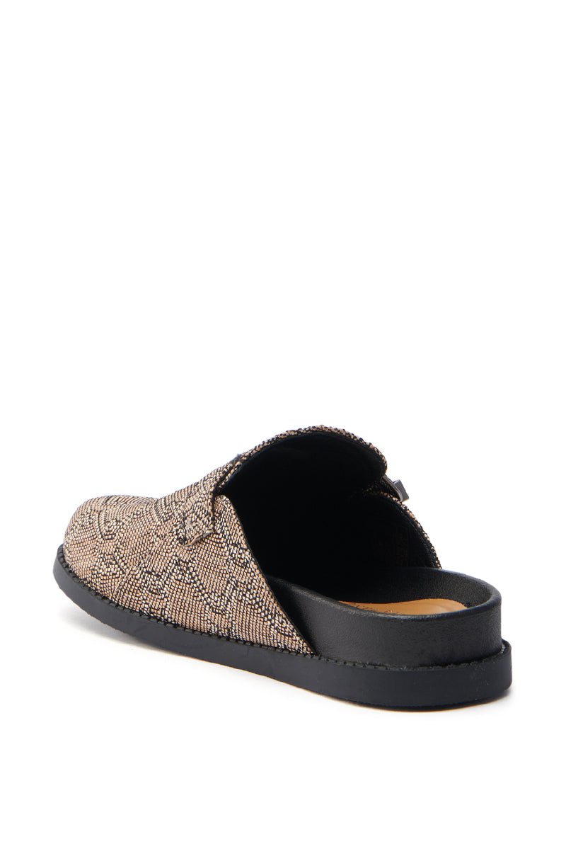The AZALEA WANG INFORMER TAN SNAKE CLOG features a brown and beige snakeskin design, an open back for easy slip-on, and a textured fabric with a black sole. The shoe is expertly angled to showcase both its top and side views.