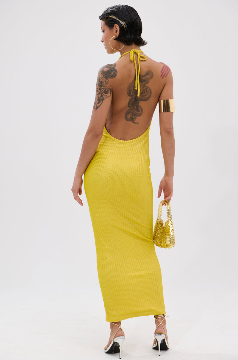 STRUCK GOLD METALLIC MIDI DRESS IN YELLOW – AKIRA