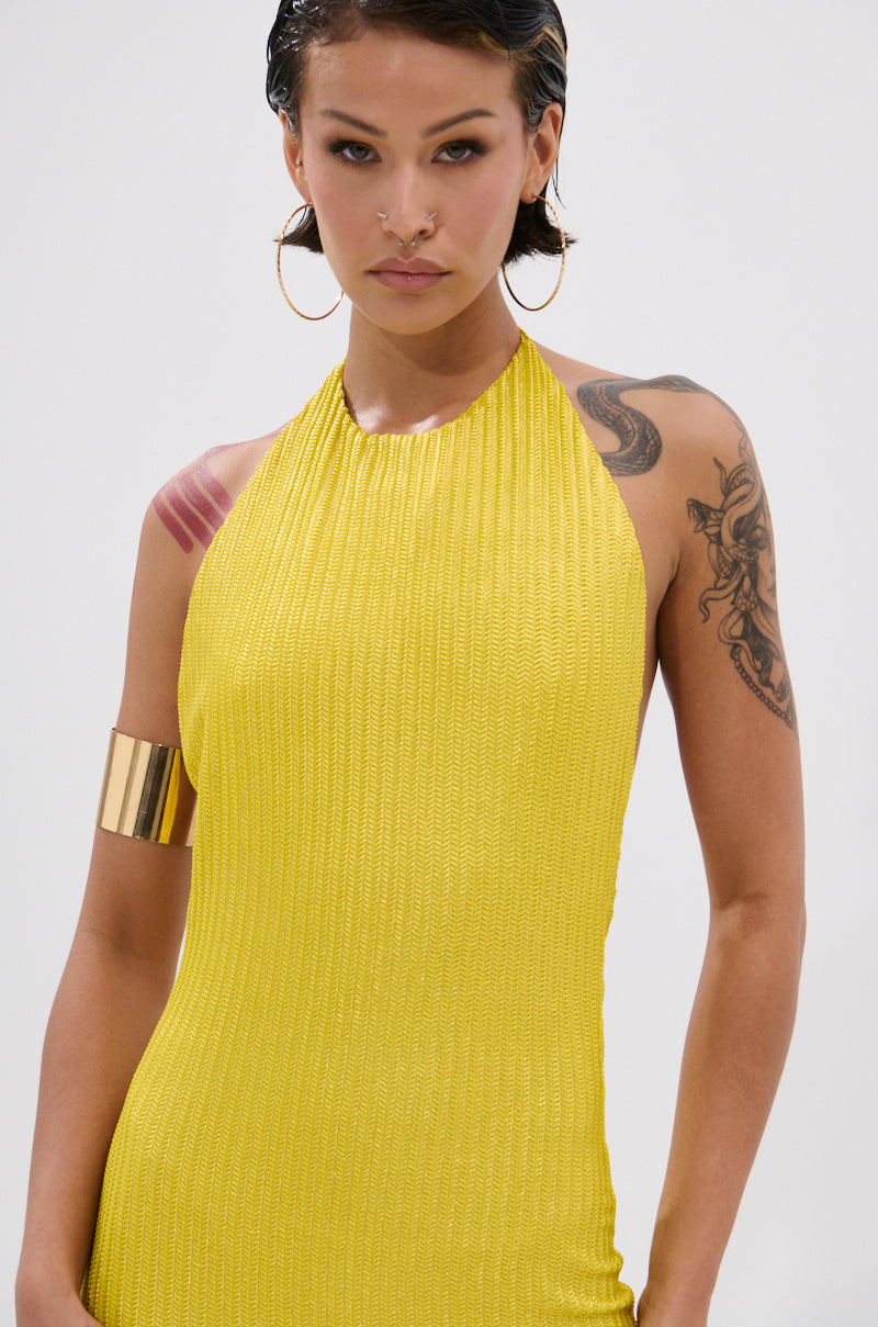 STRUCK GOLD METALLIC MIDI DRESS IN YELLOW – AKIRA
