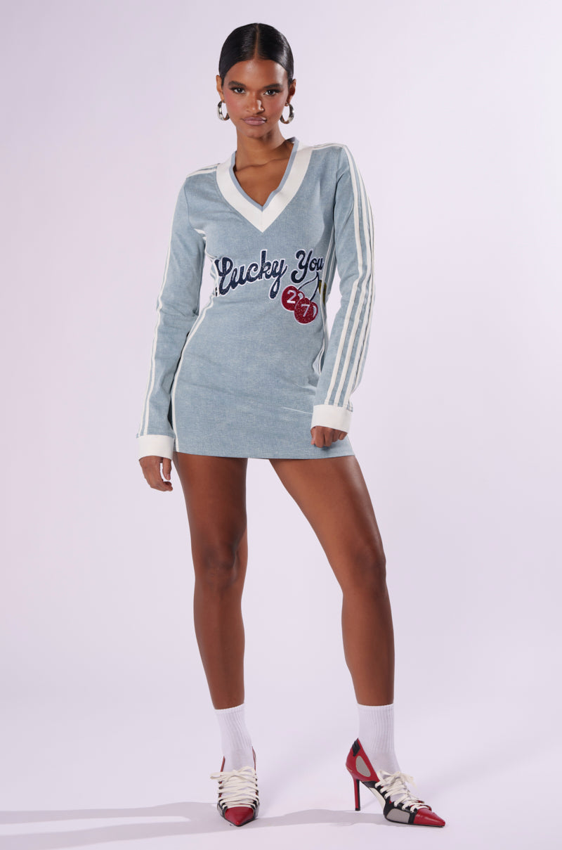 WITH A CHERRY ON TOP DENIM MINI DRESS AKIRA WITH A CHERRY ON TOP DENIM MINI DRESS AKIRA