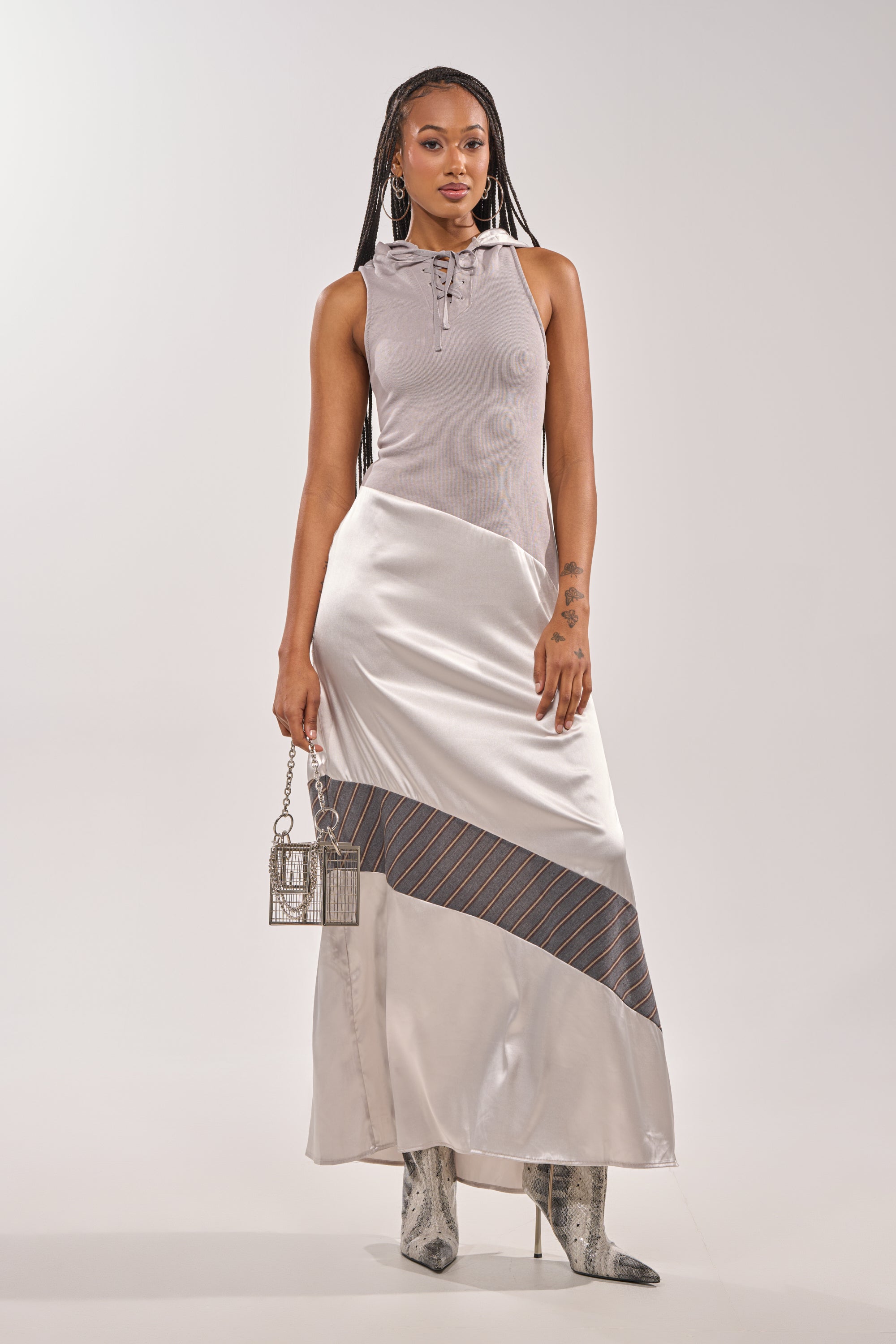 hooded dress maxi AKIRA Bondi Patchwork Hooded Maxi Dress | Grey
