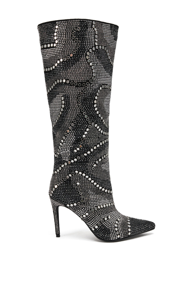 The AZALEA WANG ISILDA BLACK MULTI SEQUIN STILETTO BOOT is a knee-high, pointed toe boot featuring black and silver sequins in an abstract pattern and a slim stiletto heel for bold, dramatic style.