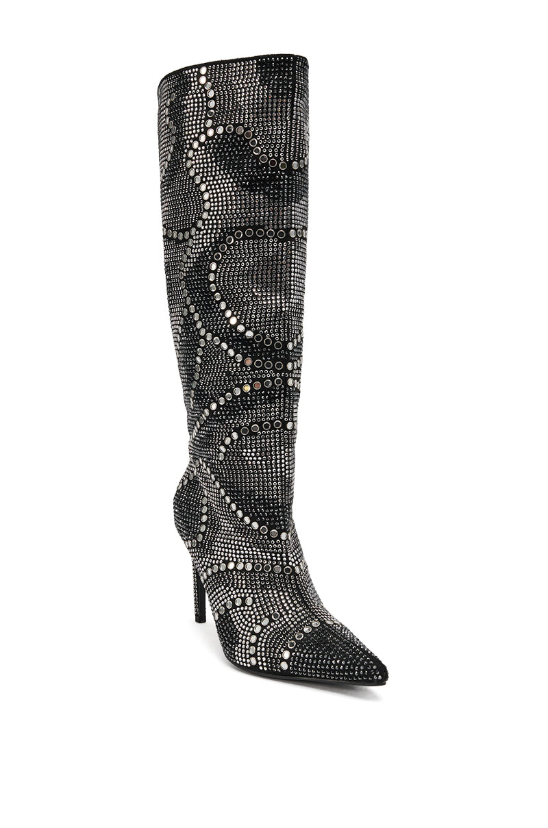 The AZALEA WANG ISILDA BLACK MULTI SEQUIN STILETTO BOOT is a high-heeled, knee-high boot with a pointed toe, featuring dazzling multi sequins in swirling patterns for a stunning look.