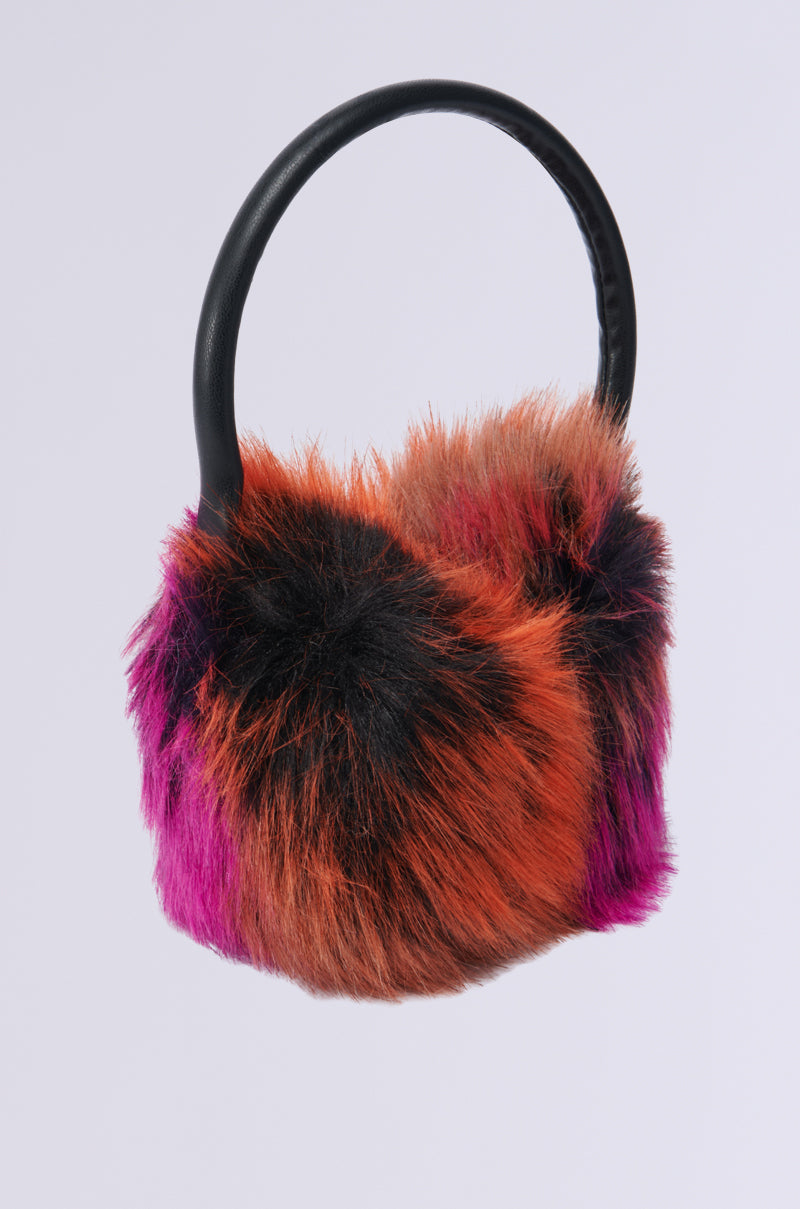 The GRACELLE FUR EAR MUFF by AKIRA Label features a black headband adorned with earpieces made from plush faux fur in vibrant shades of pink, orange, and black, set against a light grey backdrop for ultimate comfort and standout style.