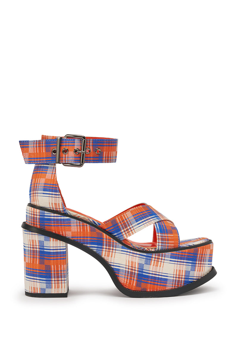 The AZALEA WANG JAETYN ORANGE PLAID CHUNKY PUMP is a retro-inspired sandal with an orange and blue plaid platform, ankle strap with buckle, and a bold block high heel for standout style. 3