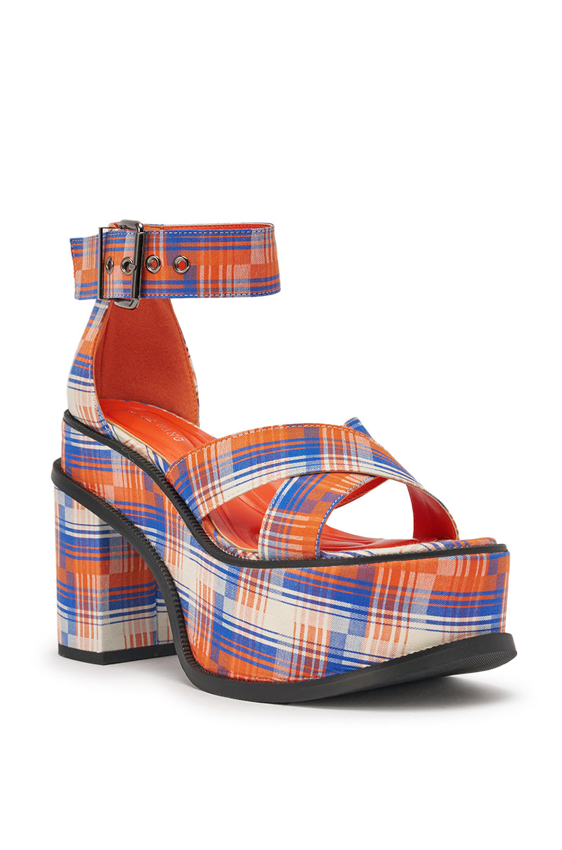 The AZALEA WANG JAETYN ORANGE PLAID CHUNKY PUMP features a blue, orange, and white plaid pattern, open toe, thick block heel, ankle strap with buckle, and bold orange interior lining for a stylish retro-inspired look. 4