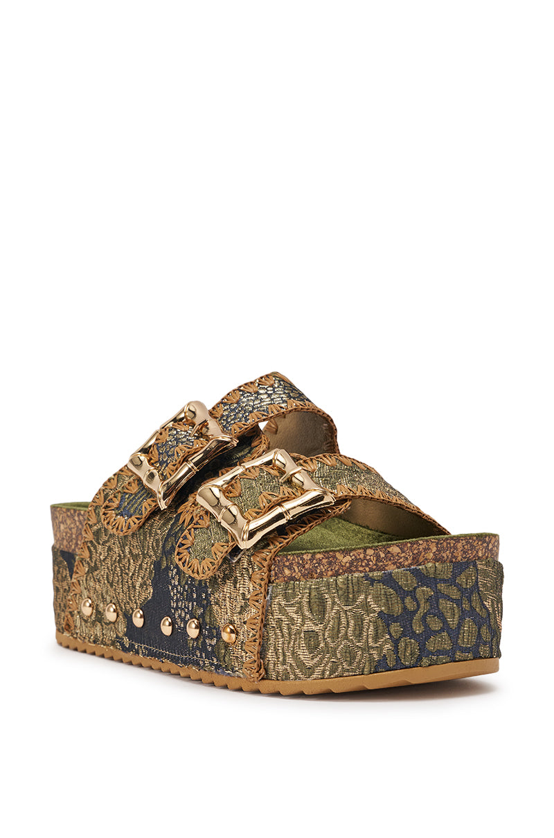 The AZALEA WANG JAINNA GREEN VELVET FLATFORM SANDAL features a thick platform sole, two buckle straps, ornate green and gold tapestry details, and metallic studs along the sides. 4