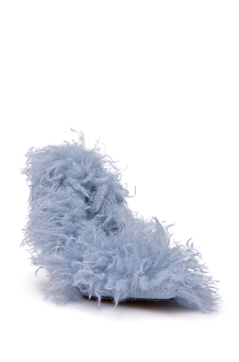 The AZALEA WANG JAMEEKA Baby Blue Curly Fur Pump Stiletto Heel features fluffy faux fur texture for a whimsical look, shown against a plain white background.
