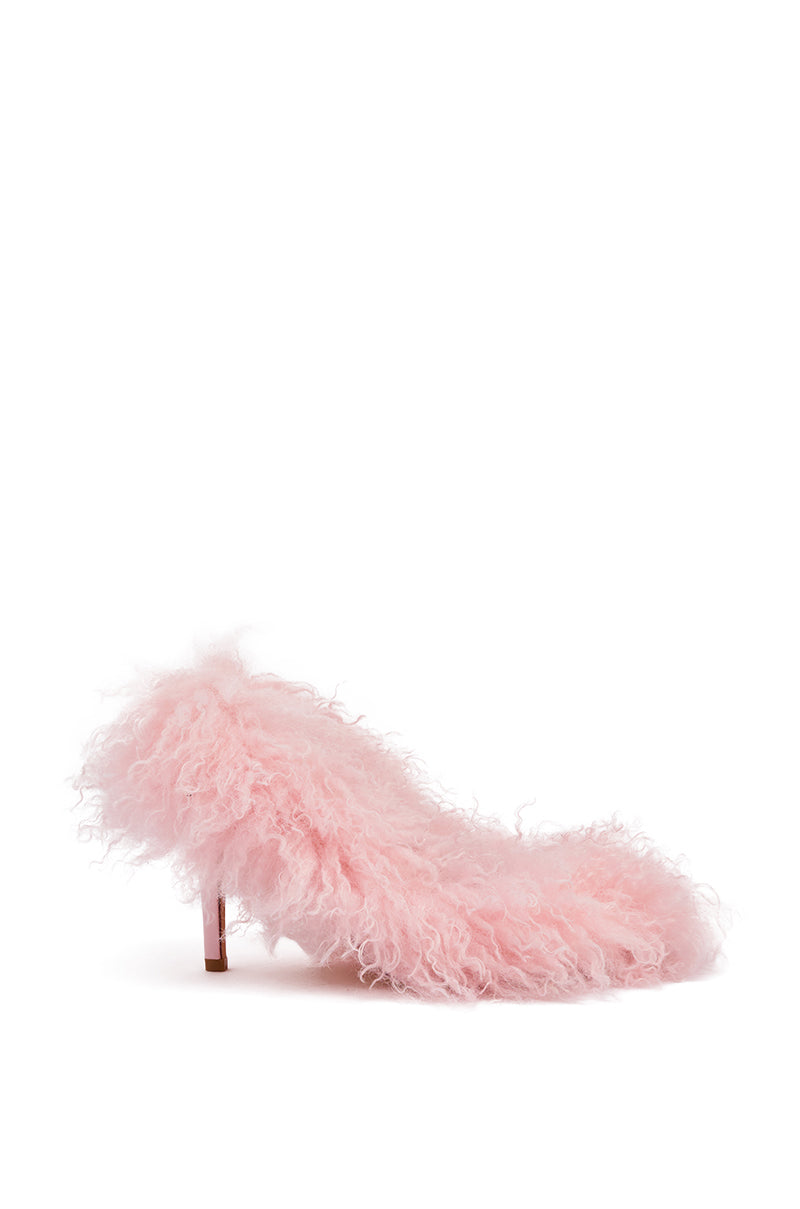 The AZALEA WANG JAMEEKA PINK FUR STILETTO PUMP, featuring soft, fluffy light pink fur, is displayed as a single shoe against a plain white background.