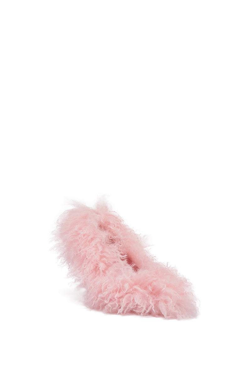 The AZALEA WANG JAMEEKA Pink Fur Stiletto Pump—a pink, fluffy shoe with soft, curly faux fur texture—is displayed against a plain white background.