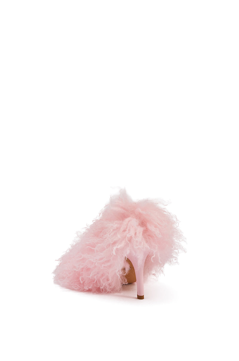 The AZALEA WANG JAMEEKA PINK FUR STILETTO PUMP, covered in fluffy, curly pink faux fur, is shown from the back against a white background.