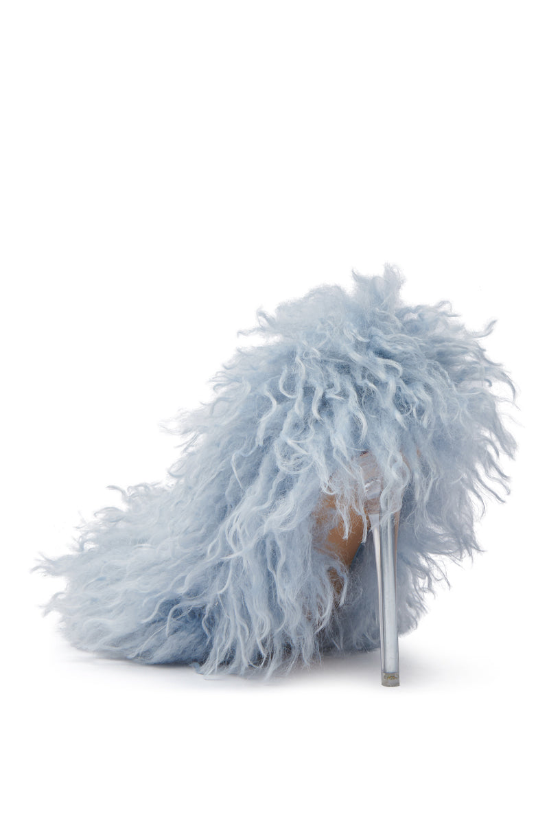 The AZALEA WANG JAMEELA BABY BLUE FUR HEEL is a high-heeled shoe with a clear stiletto and fluffy, light blue faux fur, giving it the look of a soft cloud.