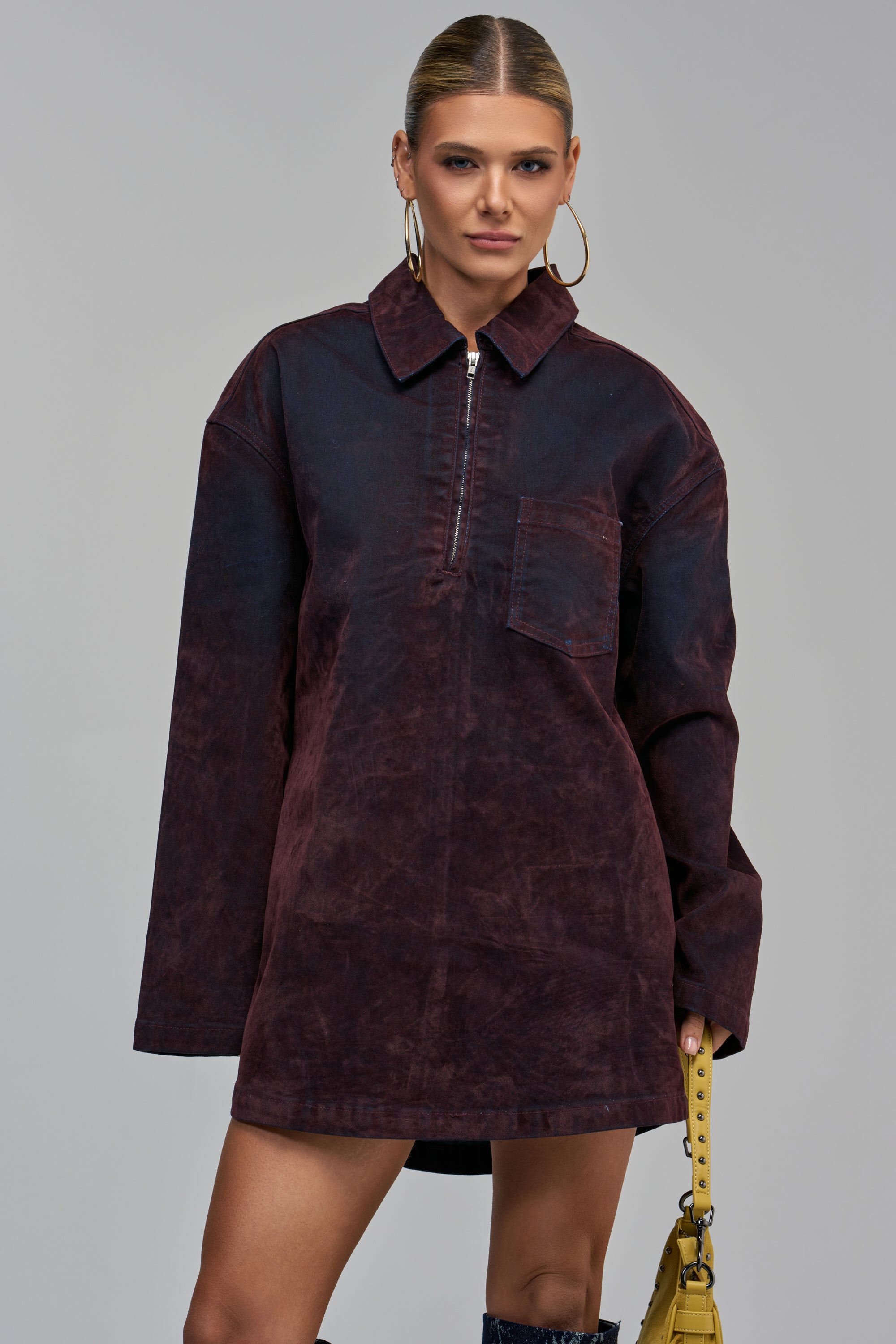 COOL GIRL OVERSIZED VELVET DENIM MINI DRESS IN BURGUNDY PLUM featuring long sleeves, a zipper neckline, and a chest pocket.