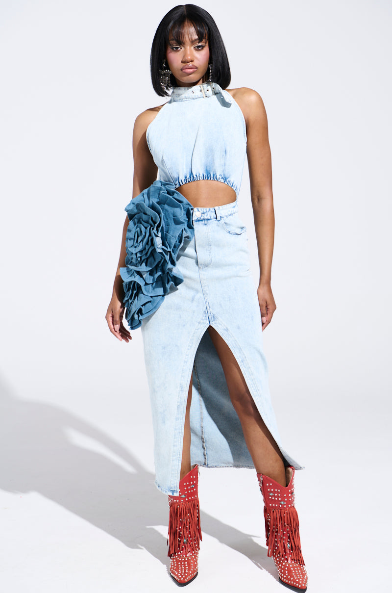 midi denim fringe dress PEEKABOO DENIM MIDI DRESS – AKIRA