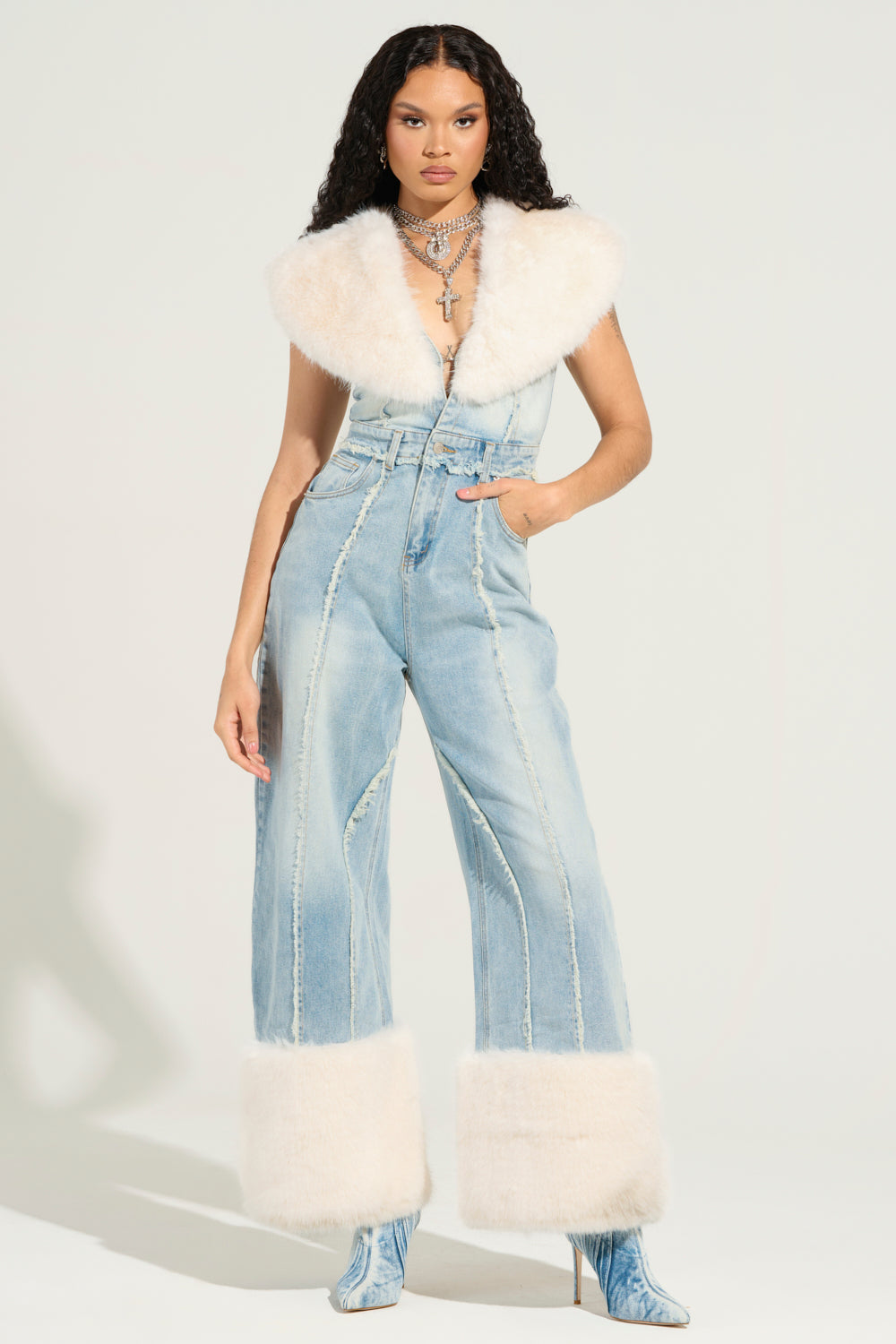 TALK THAT TALK DENIM FUR JUMPSUIT – AKIRA