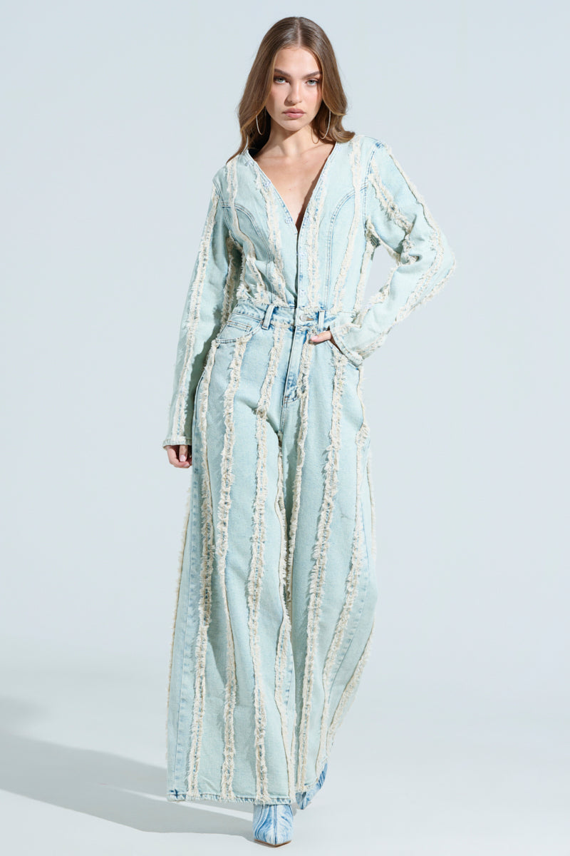 GET OUT OF MY WAY DENIM FUR JUMPSUIT – AKIRA