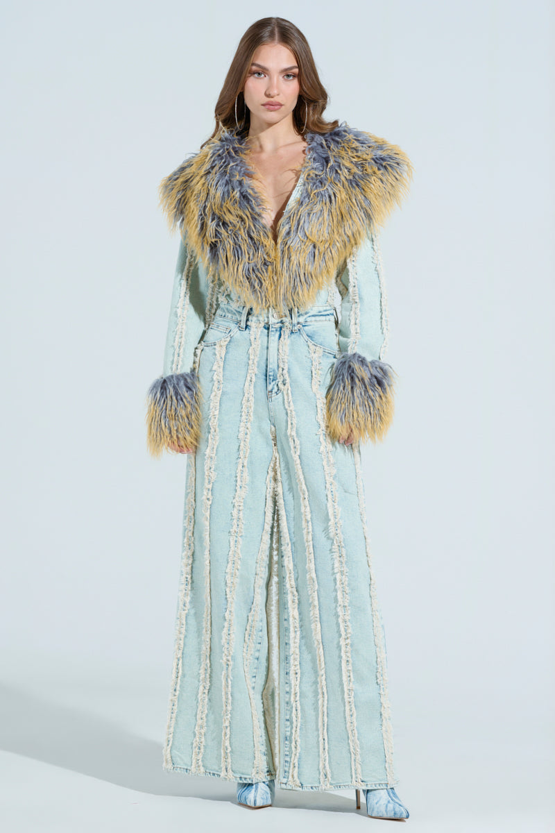 GET OUT OF MY WAY DENIM FUR JUMPSUIT – AKIRA