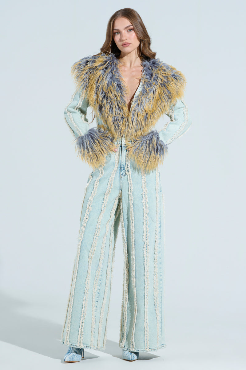 GET OUT OF MY WAY DENIM FUR JUMPSUIT – AKIRA