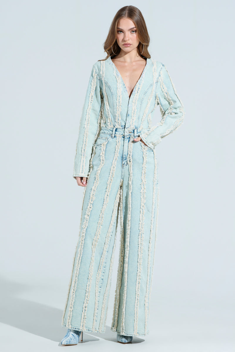 GET OUT OF MY WAY DENIM FUR JUMPSUIT – AKIRA
