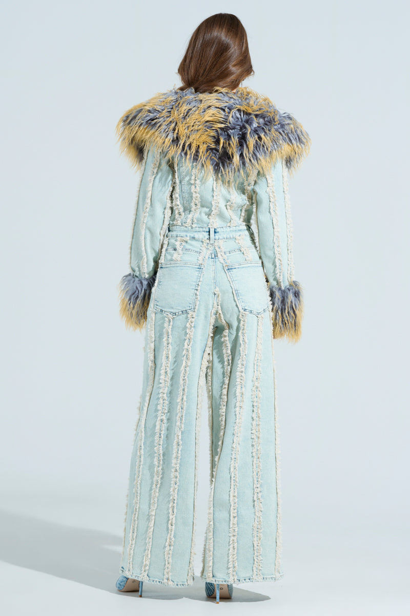 GET OUT OF MY WAY DENIM FUR JUMPSUIT – AKIRA