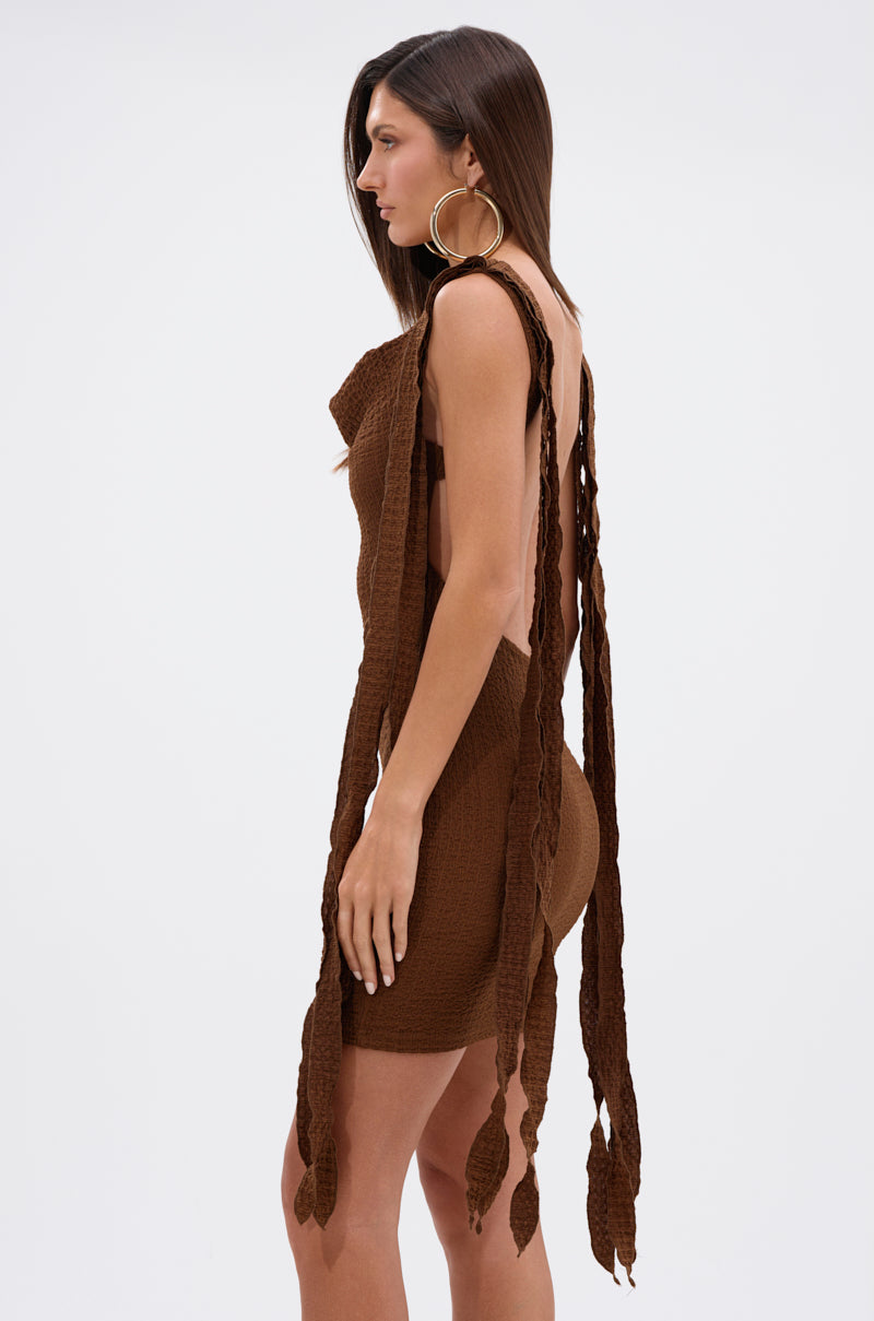 GET LIKE ME BACKLESS MINI DRESS IN CHOCOLATE – AKIRA