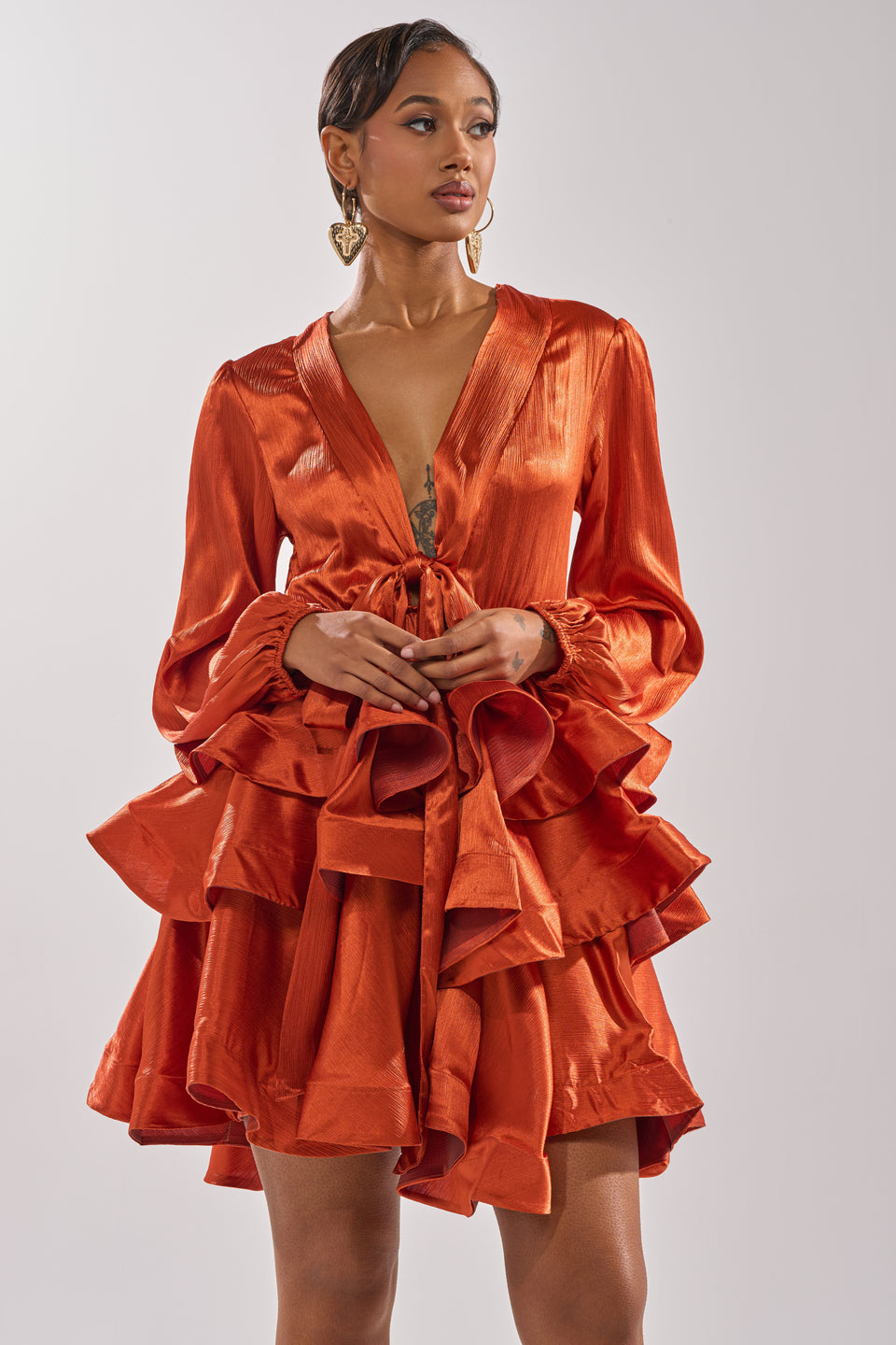 burnt orange satin dress long sleeve Brown Satin Dress Burnt Orange Long Sleeve Maxi Dress Sleek Long Formal Dress With Long Sleeves