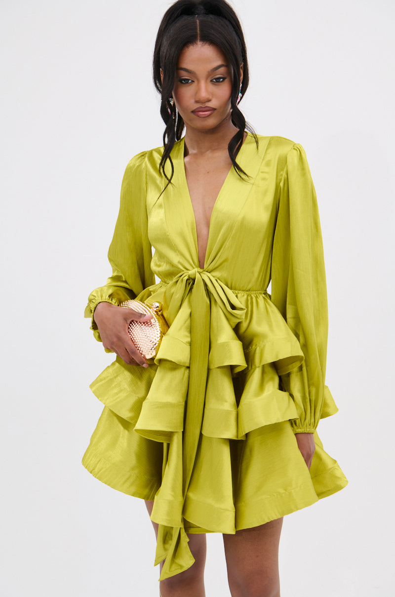 AKIRA Ariana Satin Ruffled Mini Dress | Green | Size 1X AKIRA Ariana Satin Ruffled Mini Dress | Green | Size 1X