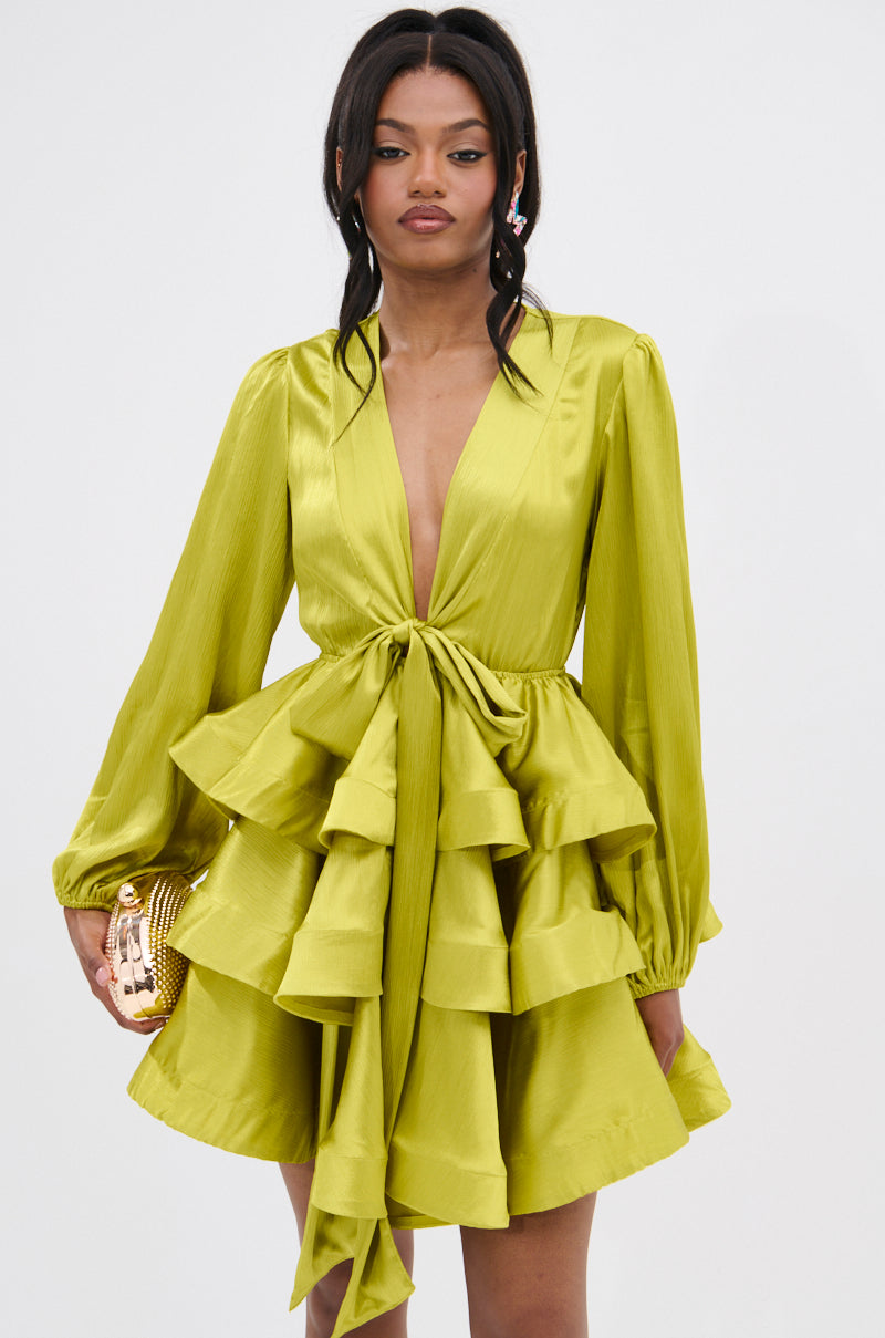 AKIRA Ariana Satin Ruffled Mini Dress | Green | Size 1X AKIRA Ariana Satin Ruffled Mini Dress | Green | Size 1X