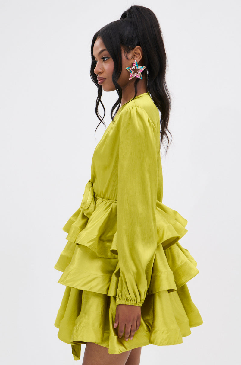AKIRA Ariana Satin Ruffled Mini Dress | Green