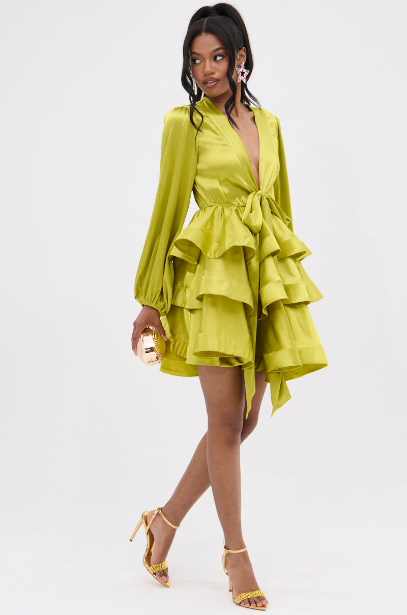 AKIRA Ariana Satin Ruffled Mini Dress | Green