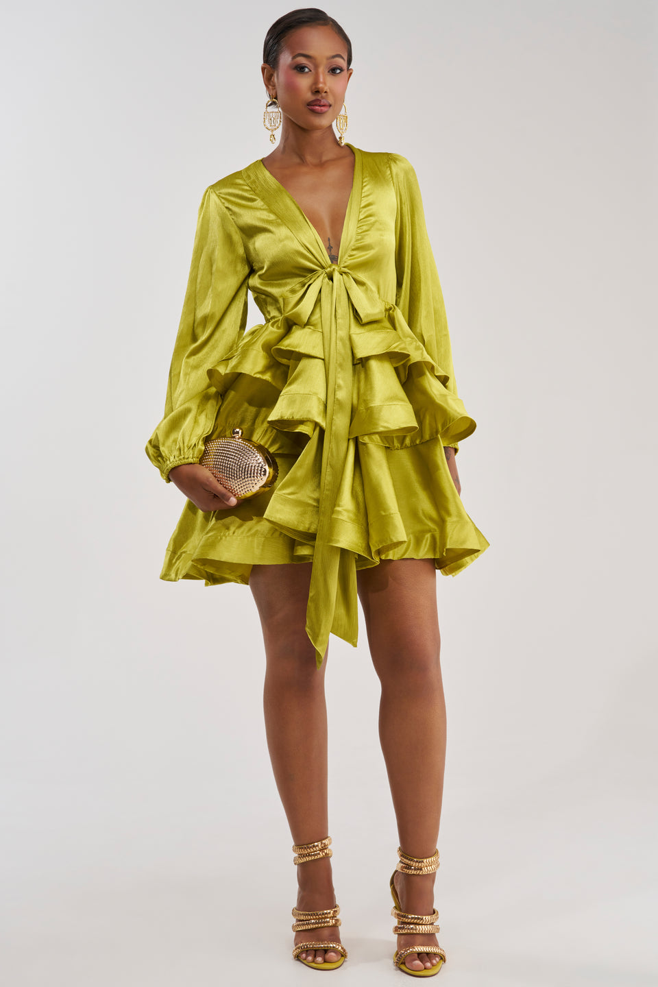 green ruffle mini dress Sleeveless Crepe One Shoulder, Leila in Green, Size XL, For Red Carpet Mini length The Elda Ruffle Mini Dress in green features a V neck wrap bodice Long Sleeve Deep V Ruffle
