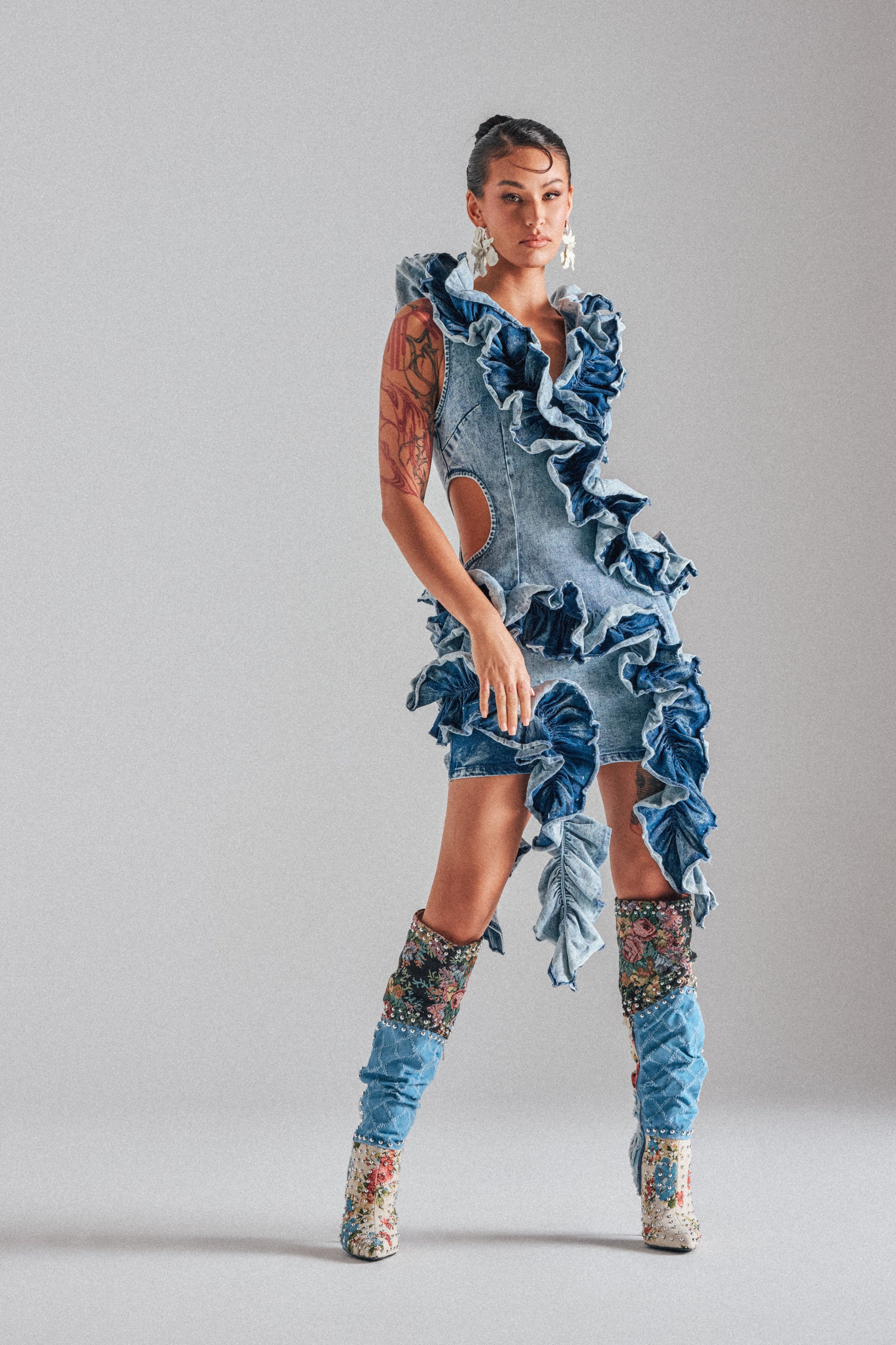 Akira Say It Again Ruffled Denim Mini Dress