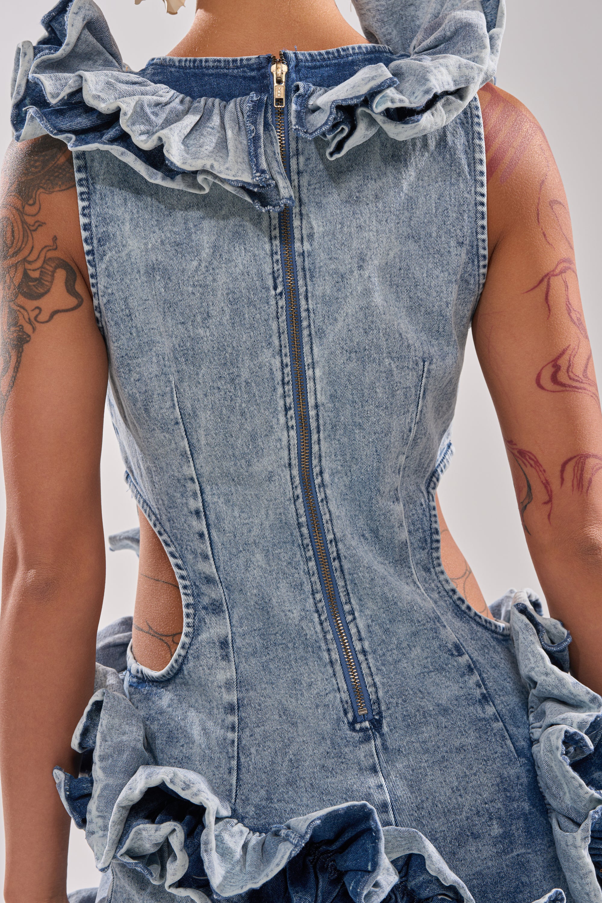 AKIRA Say It Again Ruffled Denim Mini Dress AKIRA Say It Again Ruffled Denim Mini Dress