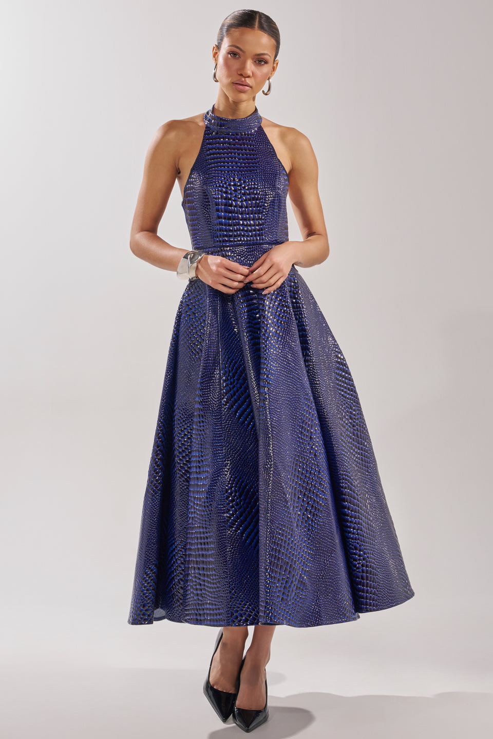 faux leather blue dress Mare Mare Faux Leather Strapless Slim Midi Dress