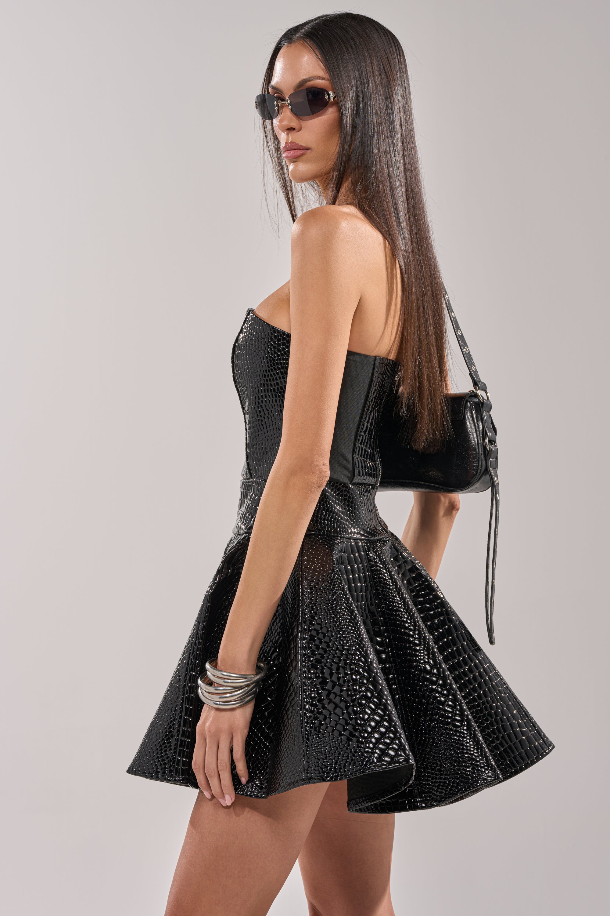AKIRA Val Faux Leather Mini Dress In Croc | Black | Size Small AKIRA Val Faux Leather Mini Dress In Croc | Black | Size Small