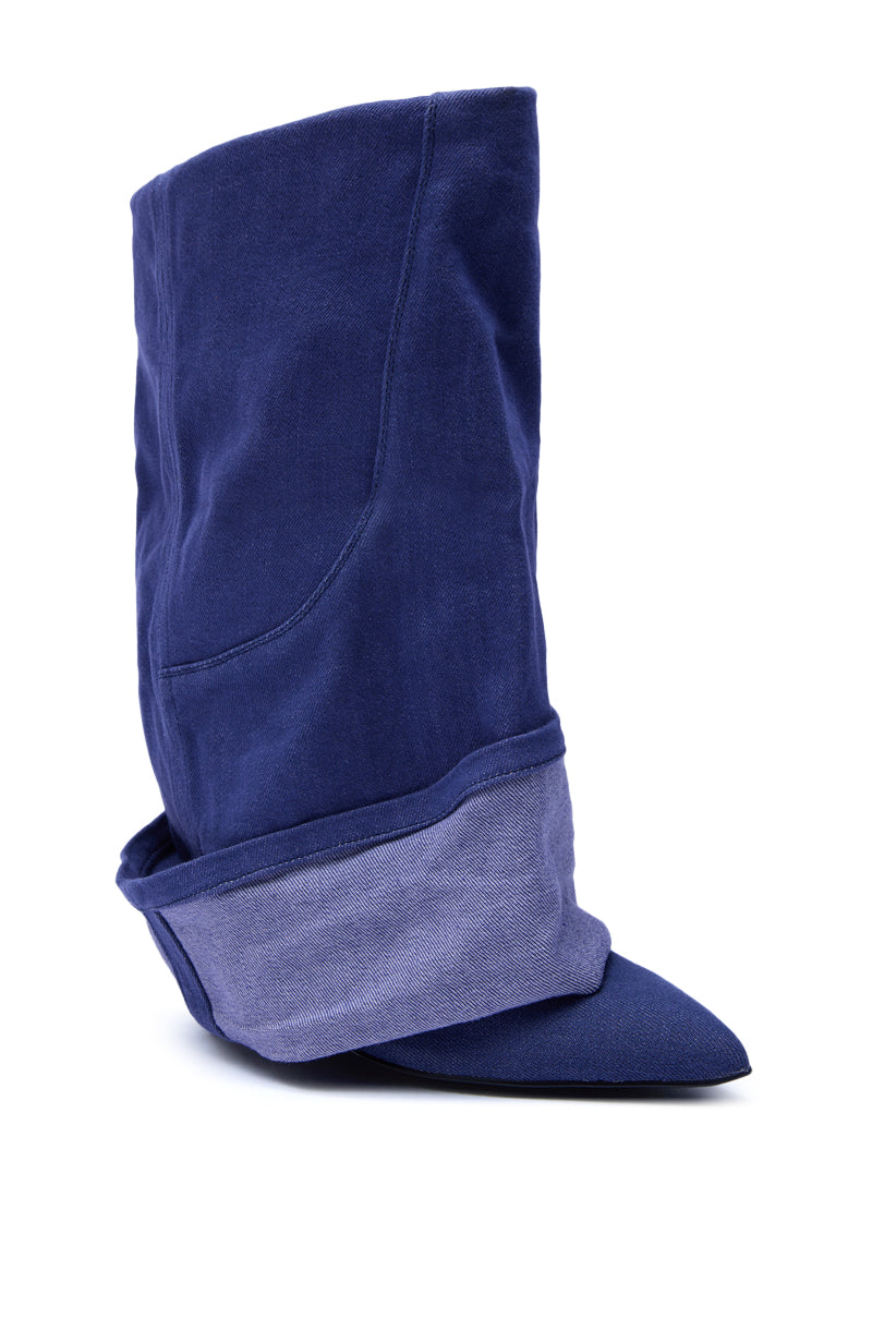 The AZALEA WANG JATIN DENIM CUFF FOLD OVER WEDGE BOOTIE is a single blue pointed toe boot with a slouchy silhouette, a lighter blue folded-over denim cuff, and visible seam detailing.