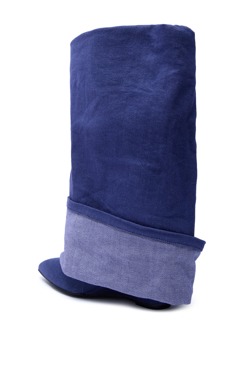 Pair a tall, floppy deep blue hat with the AZALEA WANG JATIN DENIM CUFF FOLD OVER WEDGE BOOTIE for a whimsical look—its light blue brim and soft texture complement the bootie's unique fold-over denim style perfectly.