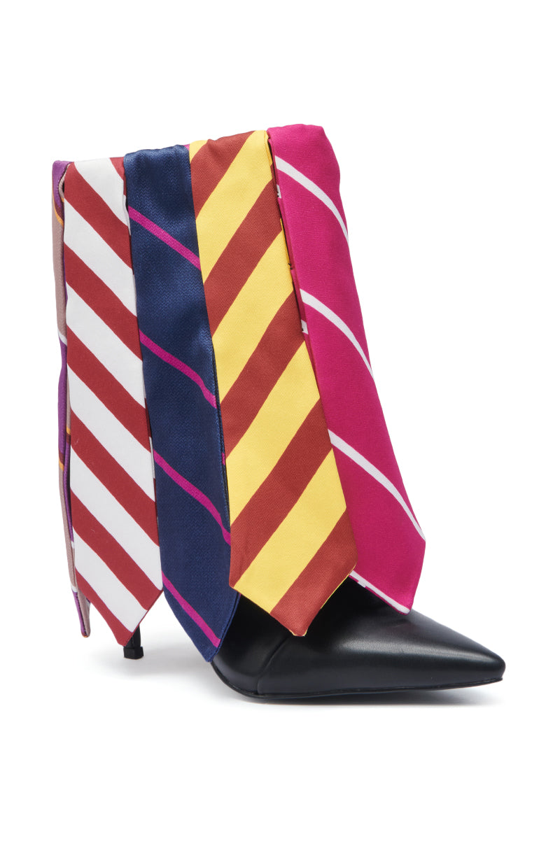 The AZALEA WANG JAUNE BLACK TIE BOOTIE is a black faux leather stiletto ankle boot, detailed with colorful diagonally striped neckties in red, navy, yellow, white, and pink draped over the upper.