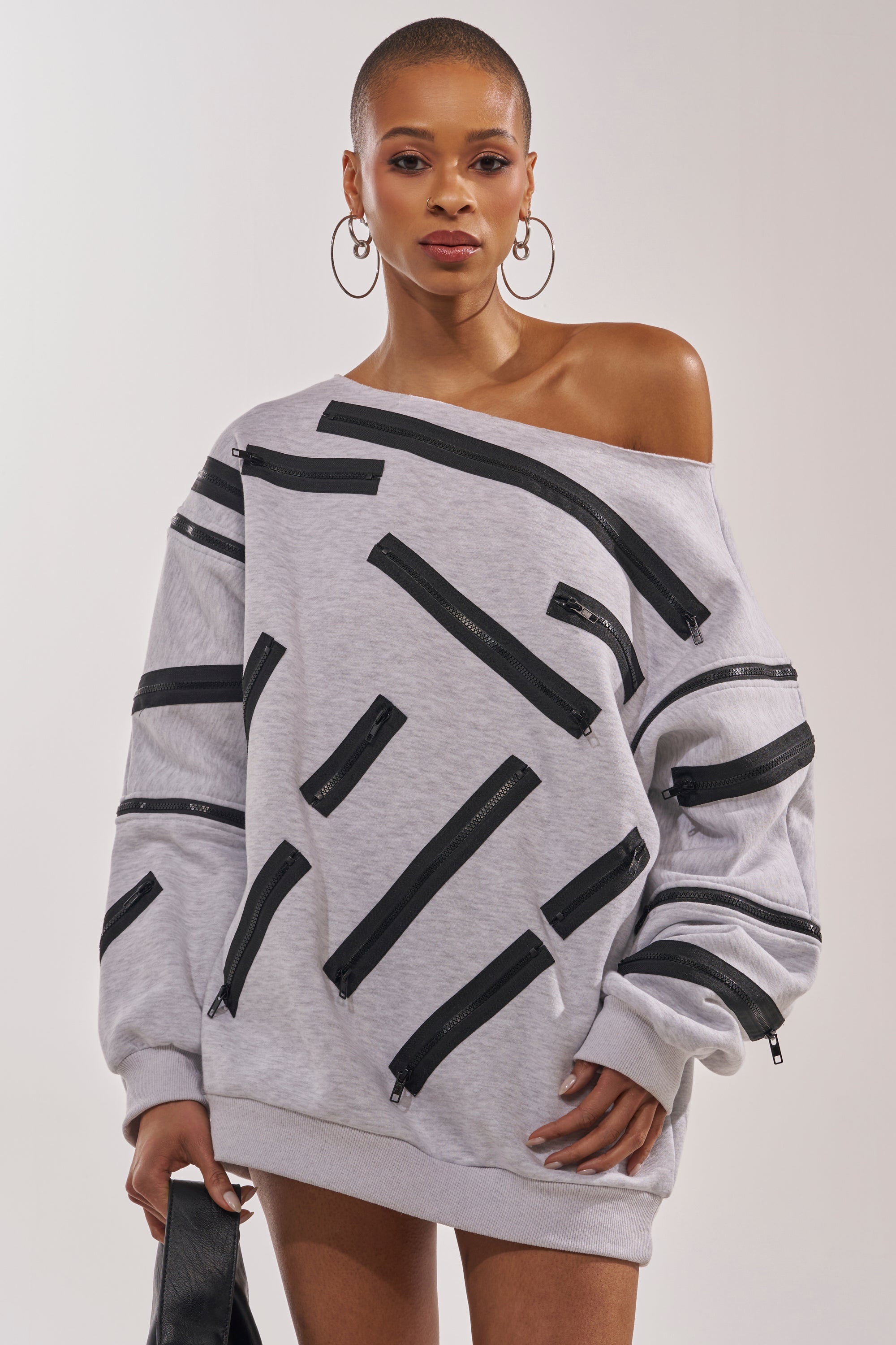 AKIRA Zip Zap Off The Shoulder Sweatshirt Dress-Grey Multi | Black | Size Large AKIRA Zip Zap Off The Shoulder Sweatshirt Dress-Grey Multi | Black | Size Large