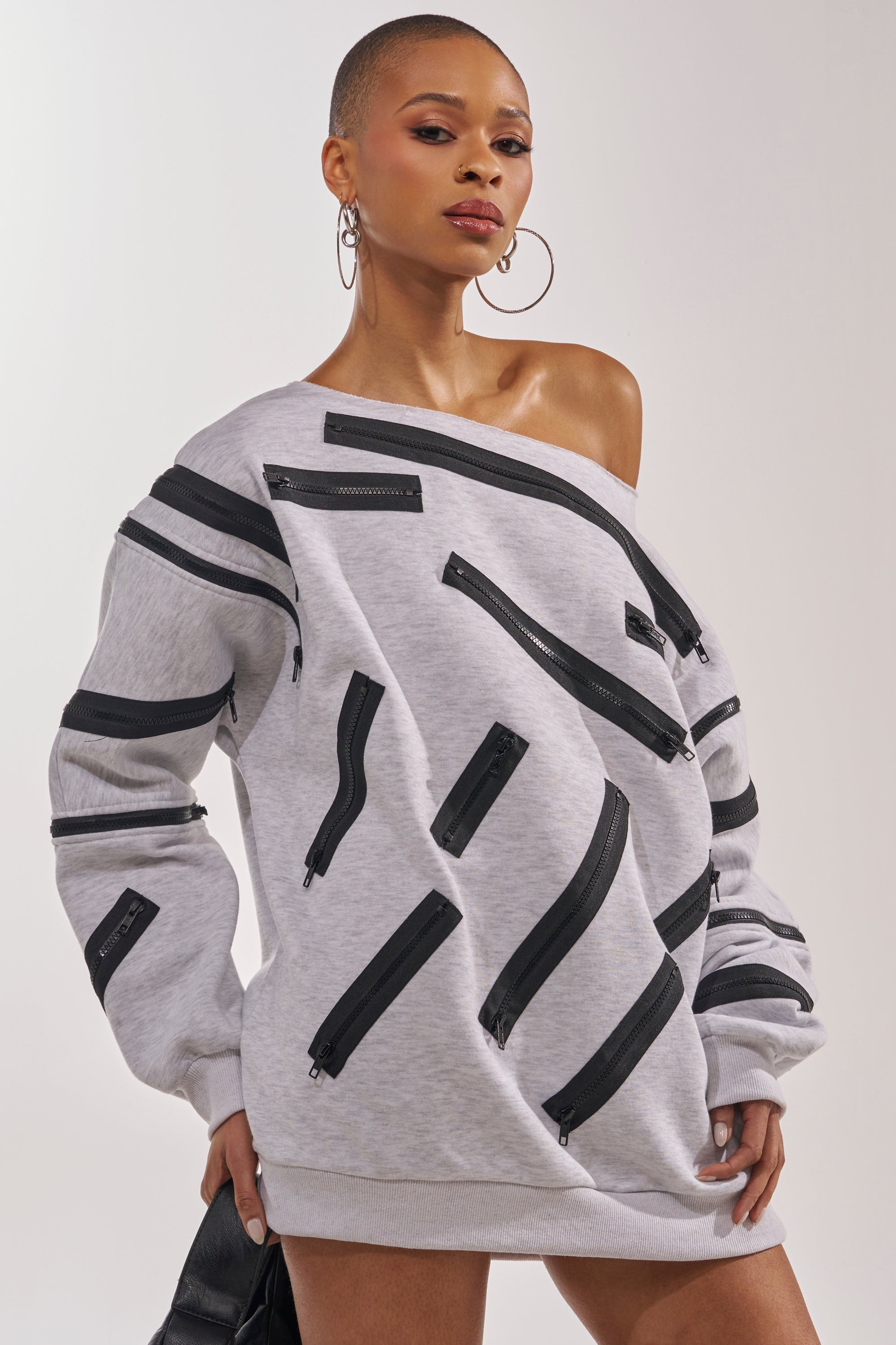ZIP ZAP OFF THE SHOULDER SWEATSHIRT DRESS-GREY MULTI – AKIRA