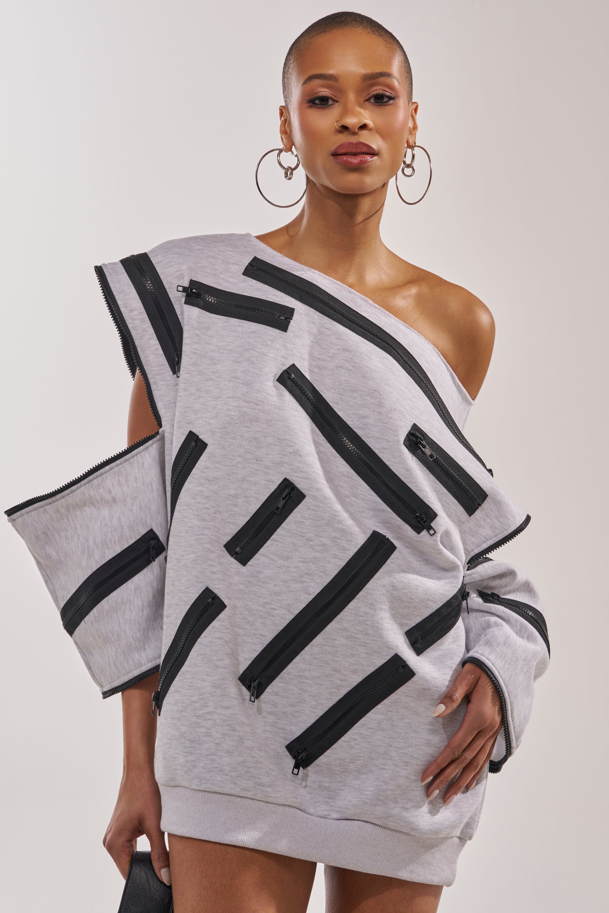 ZIP ZAP OFF THE SHOULDER SWEATSHIRT DRESS-GREY MULTI – AKIRA