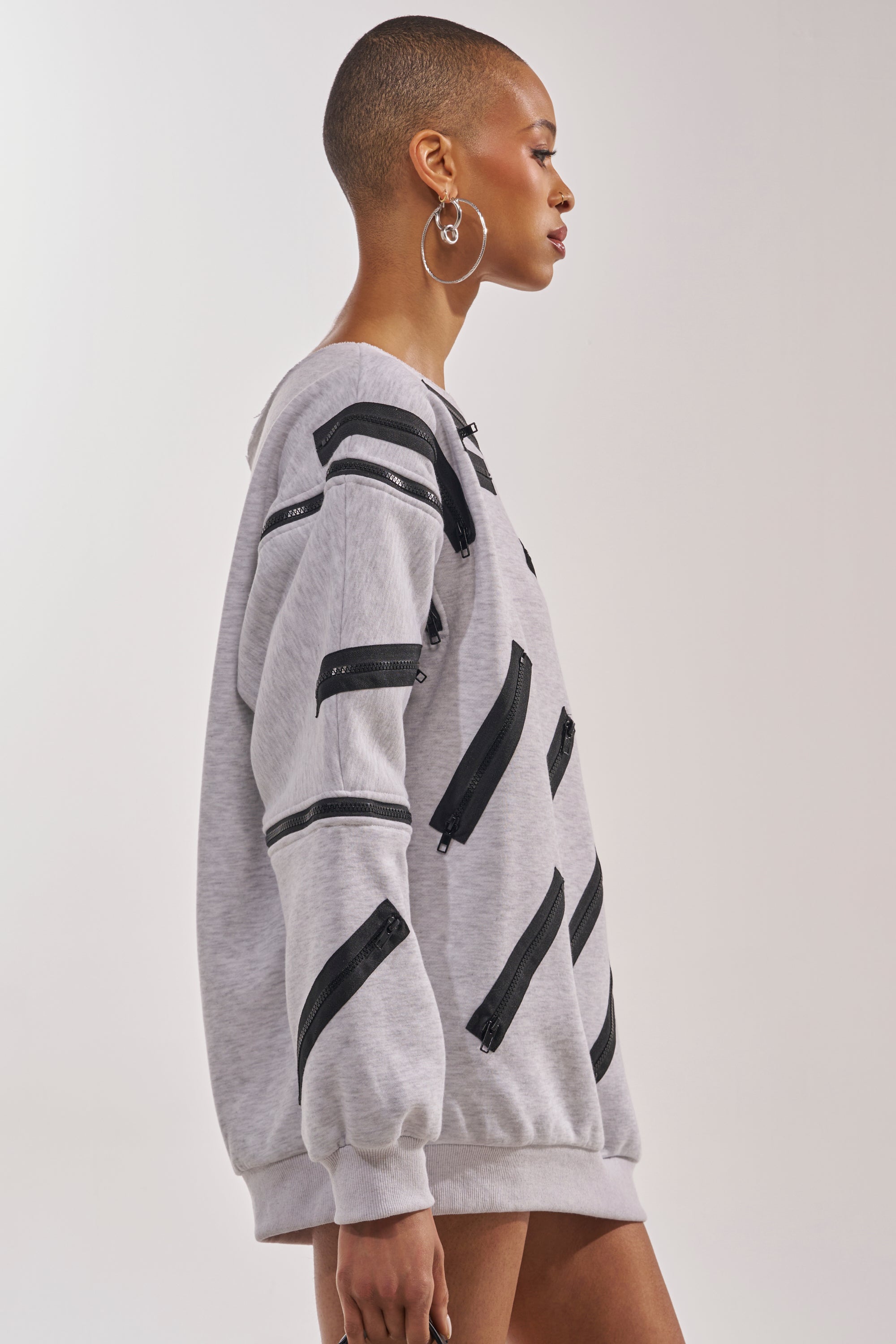 ZIP ZAP OFF THE SHOULDER SWEATSHIRT DRESS-GREY MULTI – AKIRA