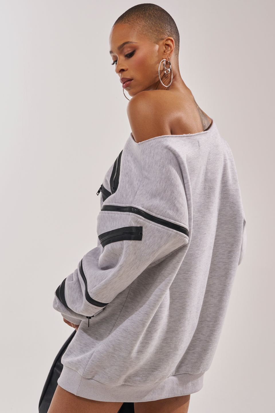 grey sweatshirt dress AKIRA Zip Zap Off The Shoulder Sweatshirt Dress-Grey Multi | Black