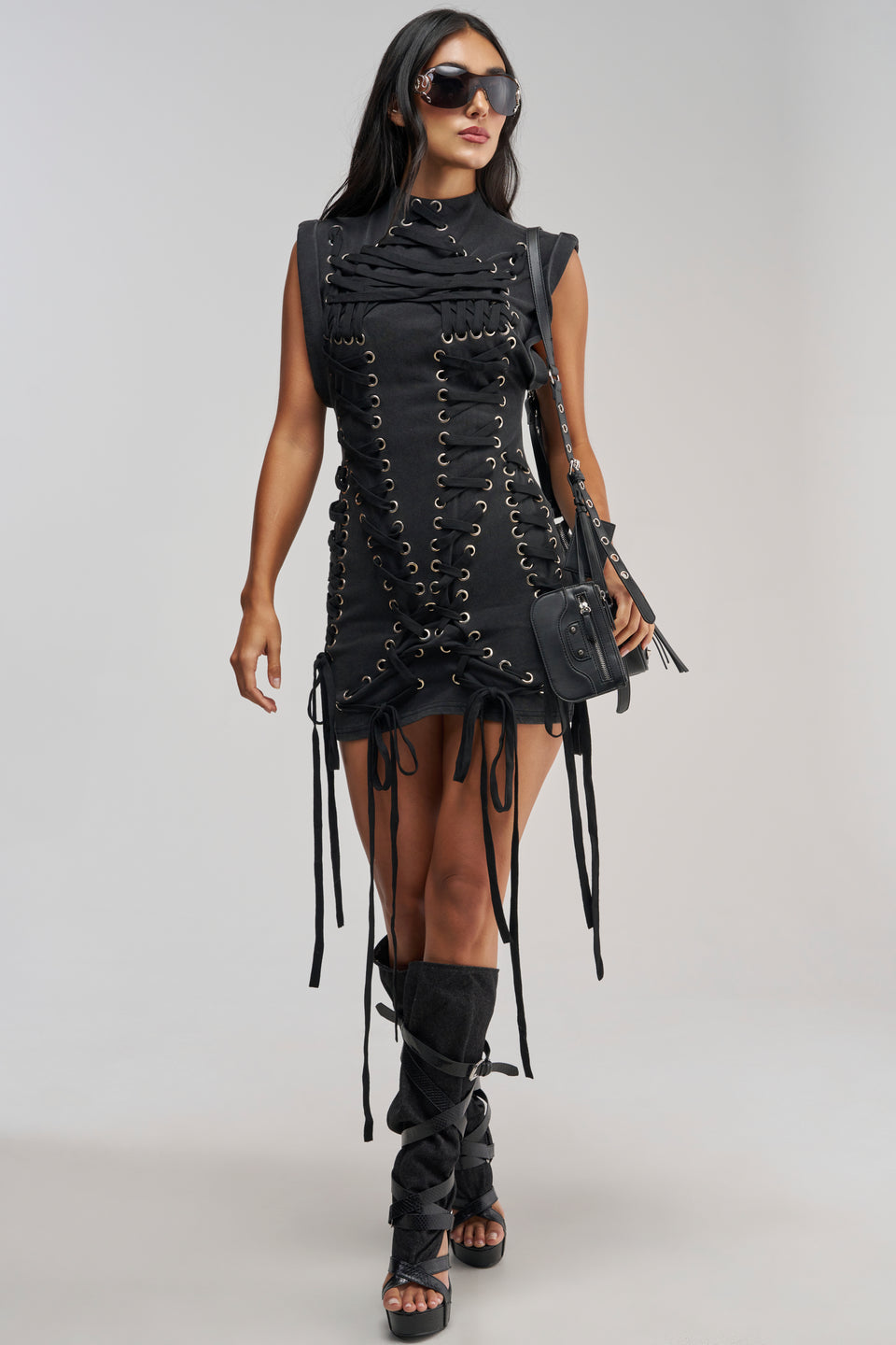 AKIRA Banks Lace Up Mock Neck Knit Mini Dress | Black
