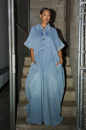 GINA DENIM RHINESTONE JUMPSUIT – AKIRA