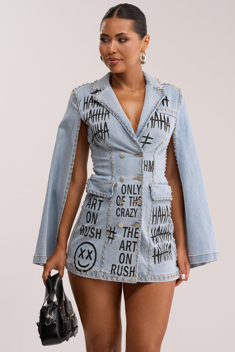 a line dress with studs Stylish Black Gothic Studded Strappy A-Line Mini Dress